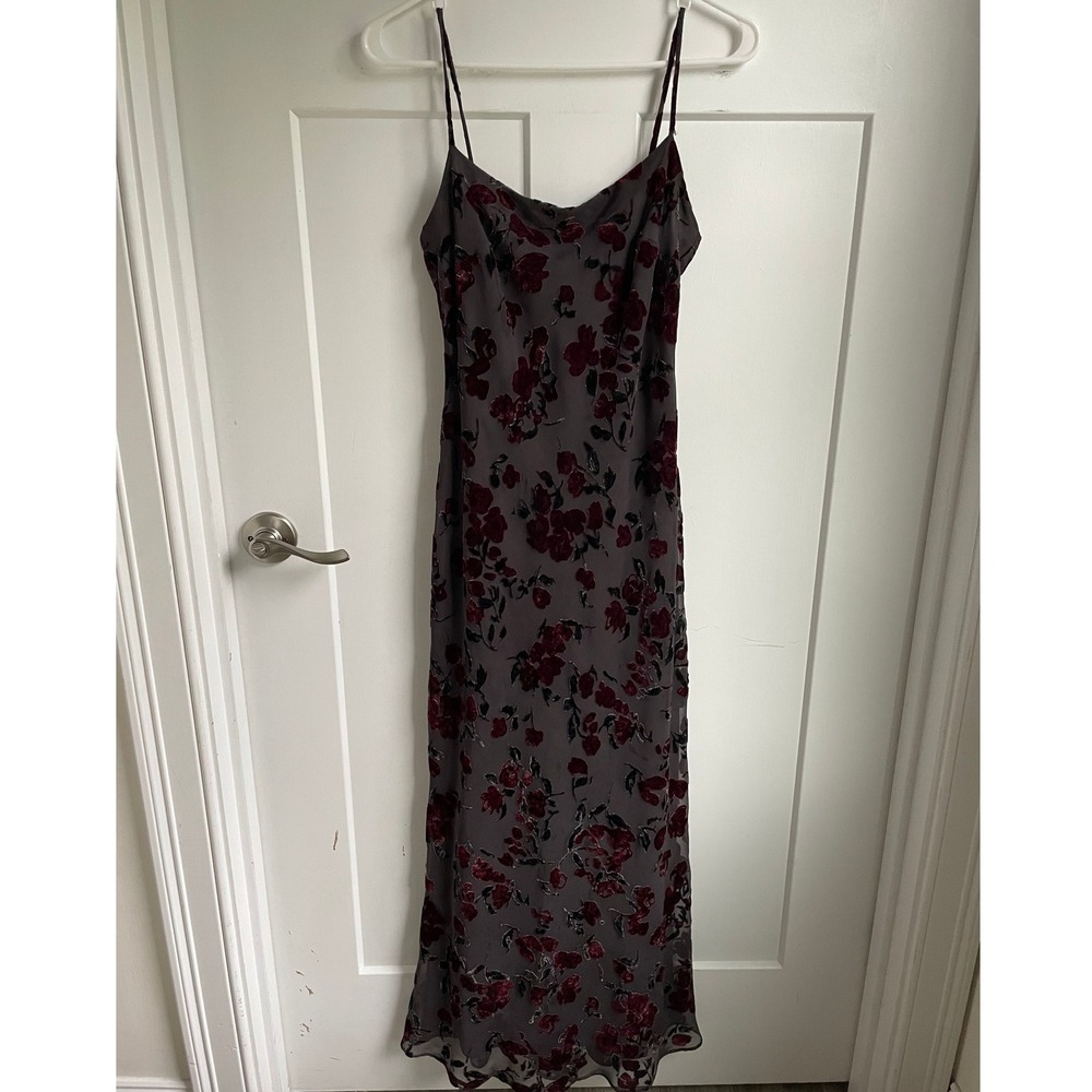 Vintage Ann Taylor Velvet Burnout Slip Dress Bias Cut Dark Burgundy Floral 2